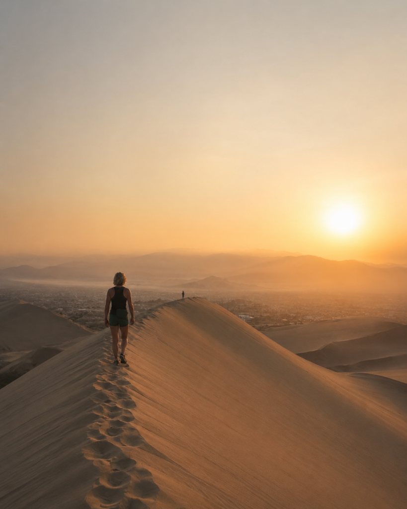 Person walking along sand dunes at sunrise, reflecting the spirit of adventure, endurance and life beyond the finish line.