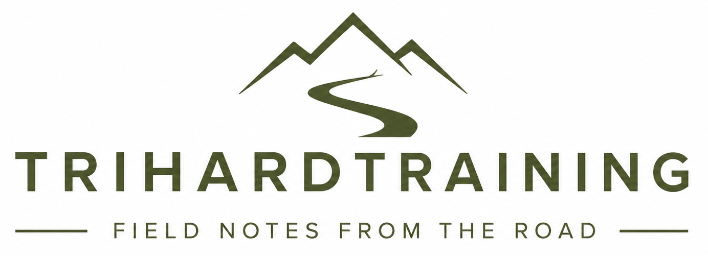 TriHardTraining logo with the tagline “Field Notes from the Road” in olive green adventure-inspired typography.