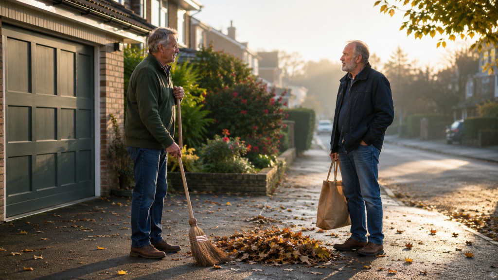 Two men in conversation on a quiet suburban driveway, one holding a broom beside a pile of autumn leaves while the other pauses with a shopping bag.