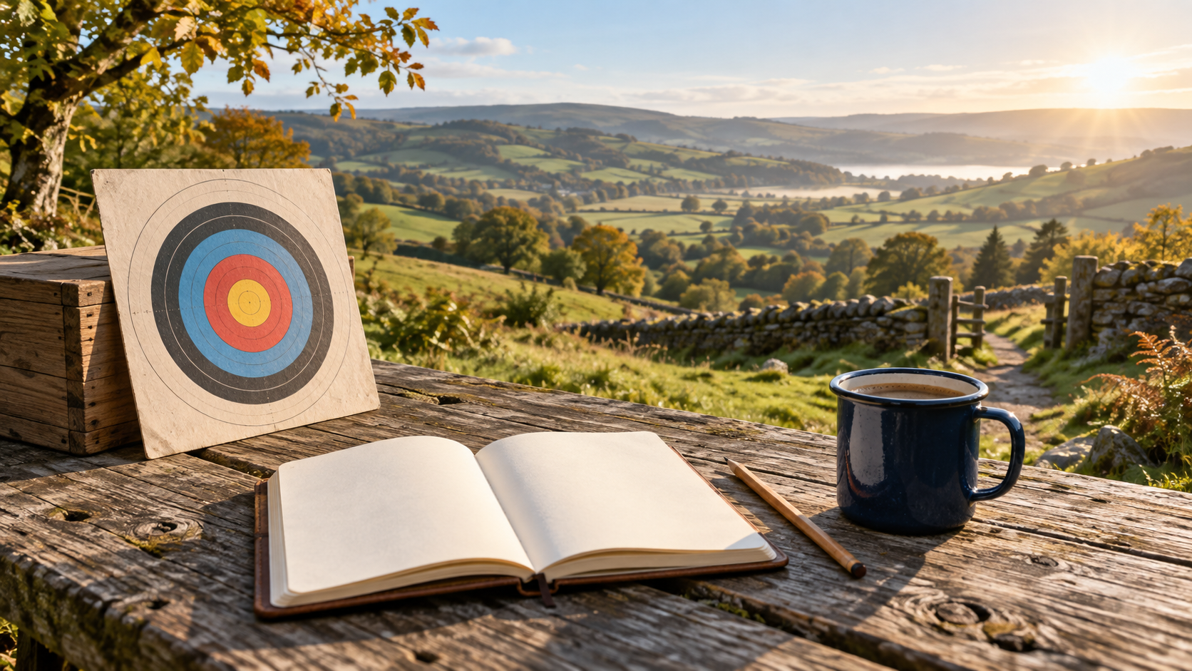 A colourful target, open notebook and coffee mug on a wooden table overlooking sunlit countryside and a winding path.