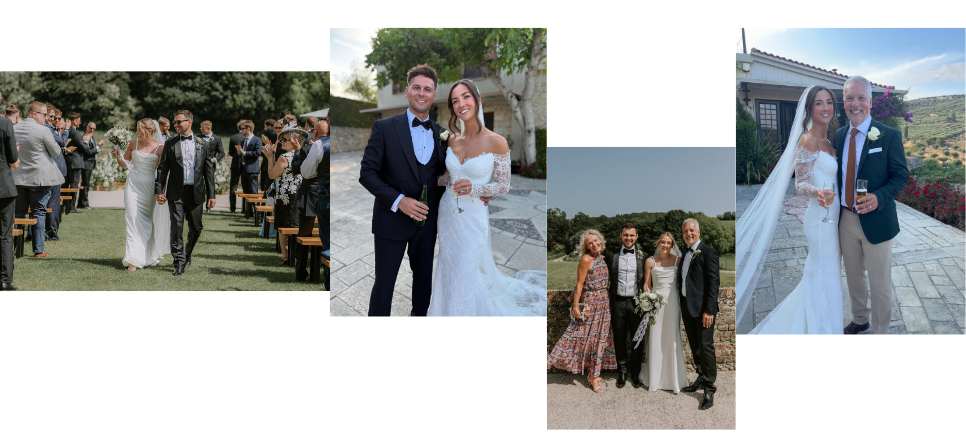 Wedding photo collage of Emma and Calum, Charlotte and Ollie, and family celebrations, including David pictured with each of his daughters.