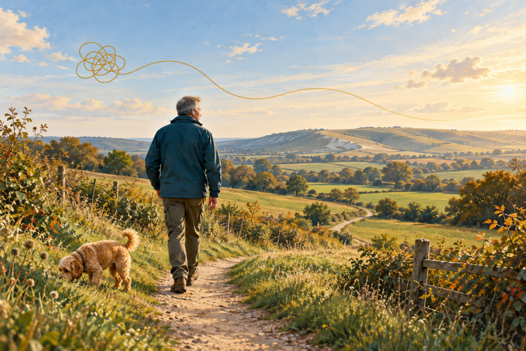 Man wearing earphones walks with a cockapoo through sunlit countryside, beneath a golden line untangling to represent clearer thinking.