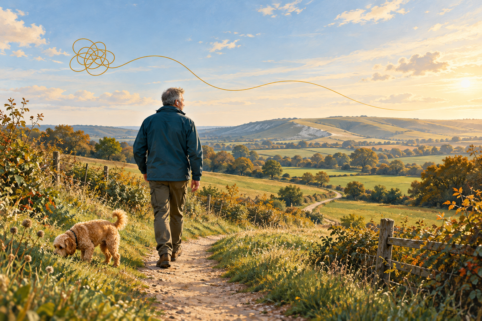 Man wearing earphones walks with a cockapoo through sunlit countryside, beneath a golden line untangling to represent clearer thinking.